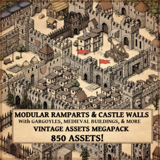 Fantasy map icons, isometric assets, castle walls, ramparts, gargoyles, flags, Inkarnate, Wonderdraft