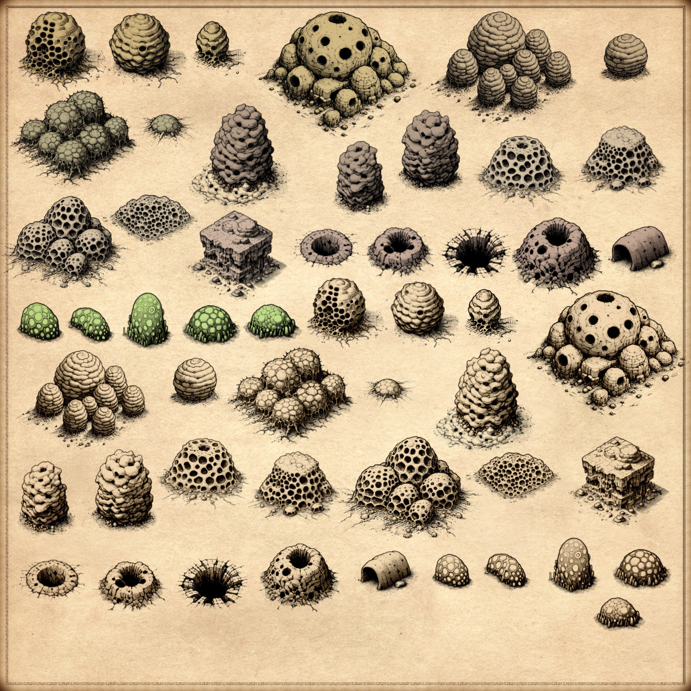 Insectoid settlements, Wonderdraft assets, fantasy map icons, hives, isometric settlements, insometric map assets
