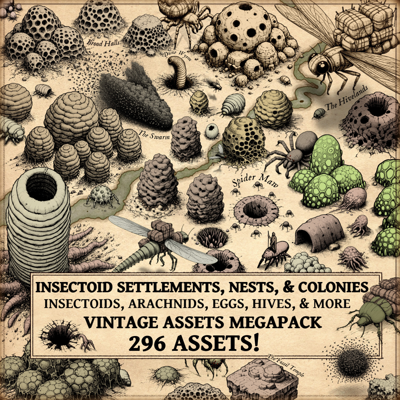 insectoid settlements, fantasy map making, Wonderdraft assets, insectoids, cartography assets, fantasy map icons, hives, nests