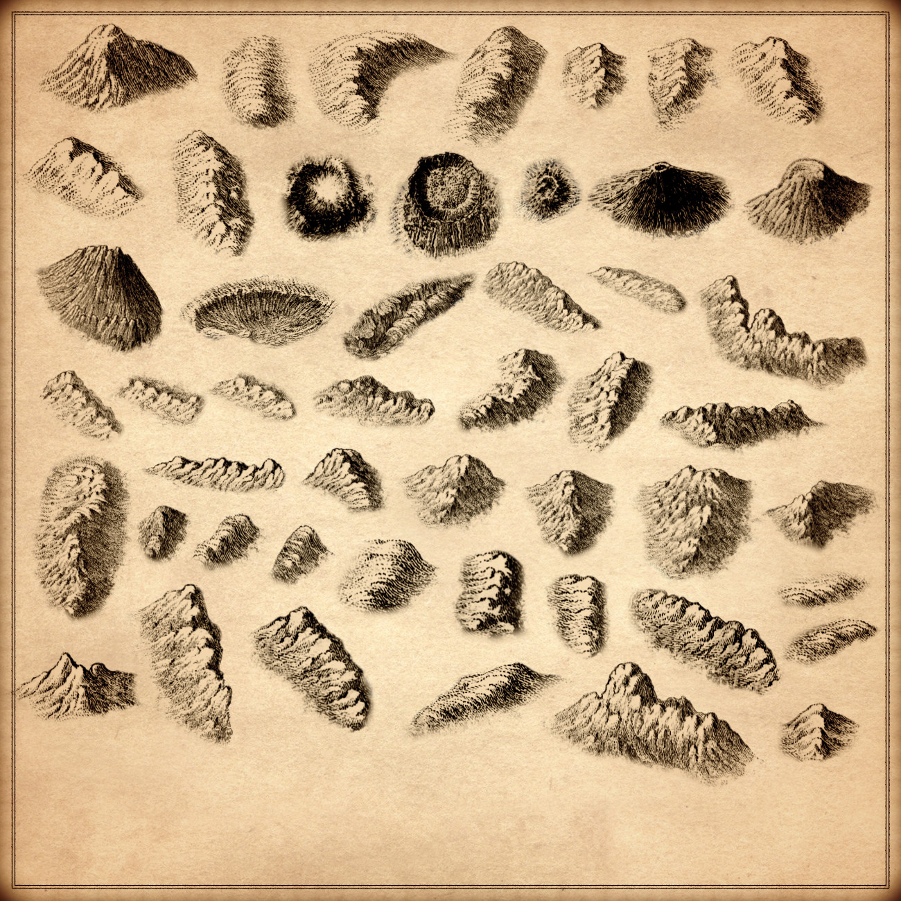 Volcano assets, volcanoes, volcano symbols, Wonderdraft assets, fantasy map icons, cartography assets, cliffs, craters