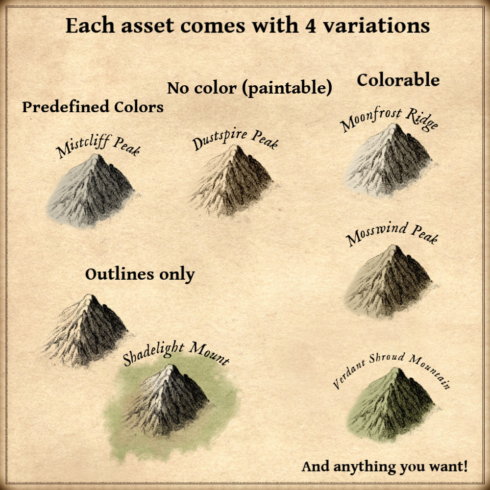 Mountains, hills, mountain peaks, ridges, fantasy map symbols, Wonderdraft assets, cartography assets, Inkarnate