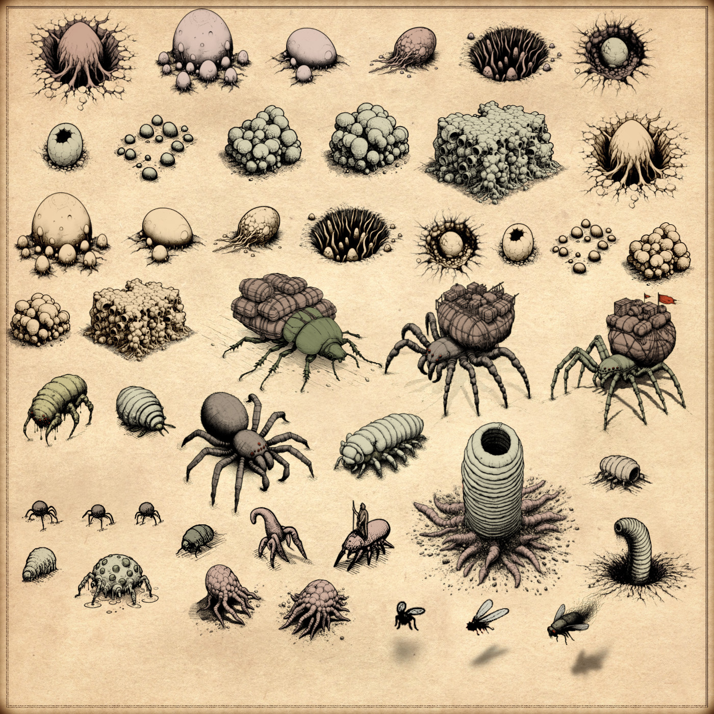 Insectoid colonies, insects, fantasy map assets, vintage cartography assets, arachnids, Wonderdraft, Inkarnate