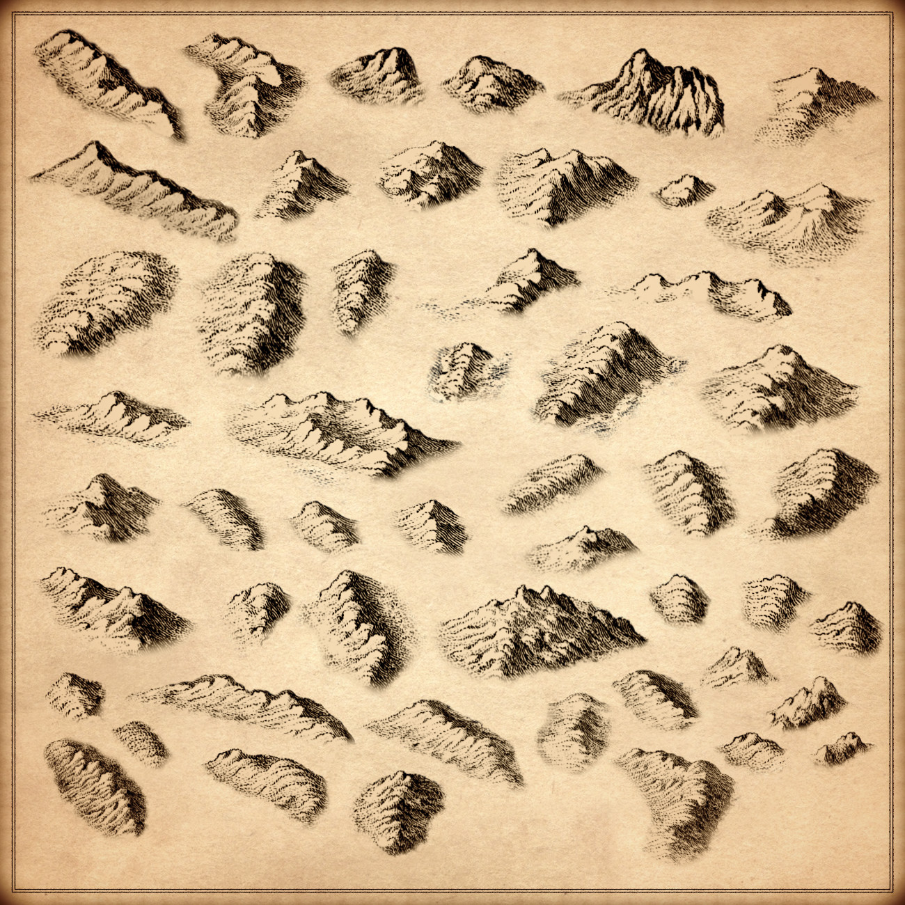 Mountain ranges, mountains, hills, vintage cartography assets, fantasy map symbols, Wonderdraft symbols, Wonderdraft map assets