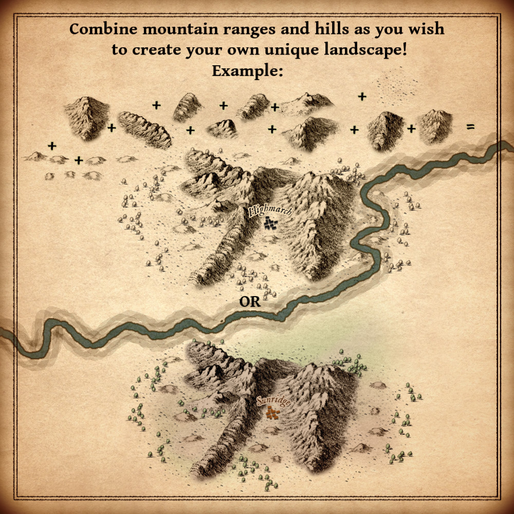 Cartography assets, mountains, mountain ranges, hills, hill formations, Wonderdraft, Inkarnate, modular mountains, fantasy map icons