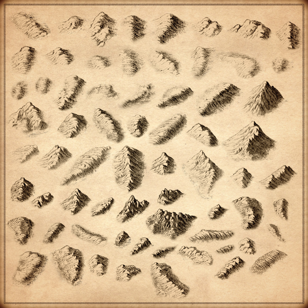 Mountains, rolling hills, landforms, Wonderdraft assets, vintage cartography assets, terrain assets, terrains, landscapes, fantasy map assets