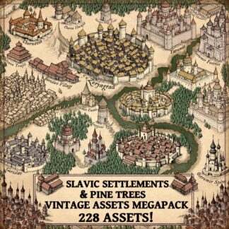 slavic castles, slavic settlements, fantasy map symbols, vintage cartography assets, gimp, Wonderdraft assets, Photoshop
