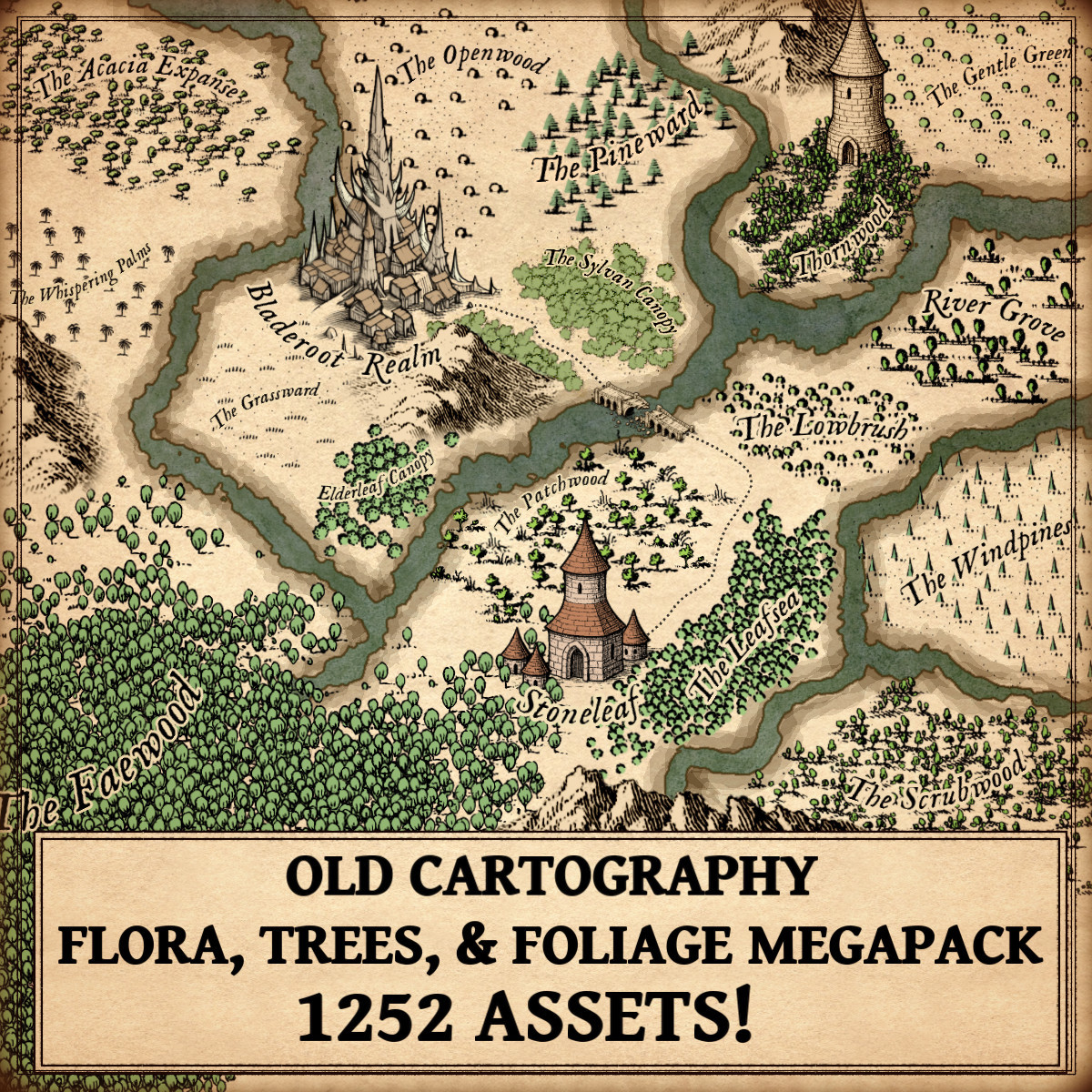Wonderdraft assets, vintage cartography assets, trees, nature, flora, tree assets, forests, fantasy map icons