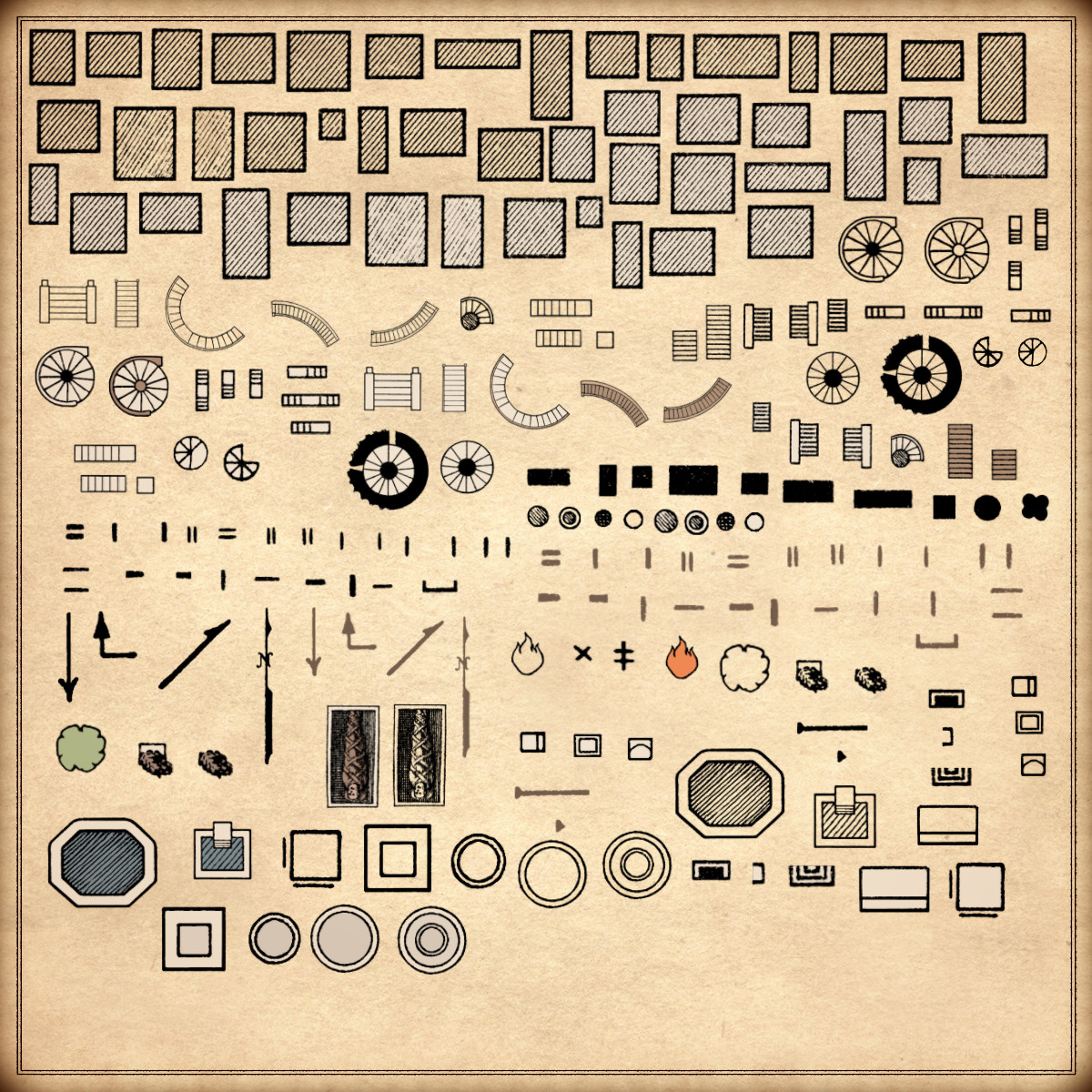 Floor plan assets, architectural plan creator kit, blueprint assets, vintage cartography assets, top-down wonderdraft assets