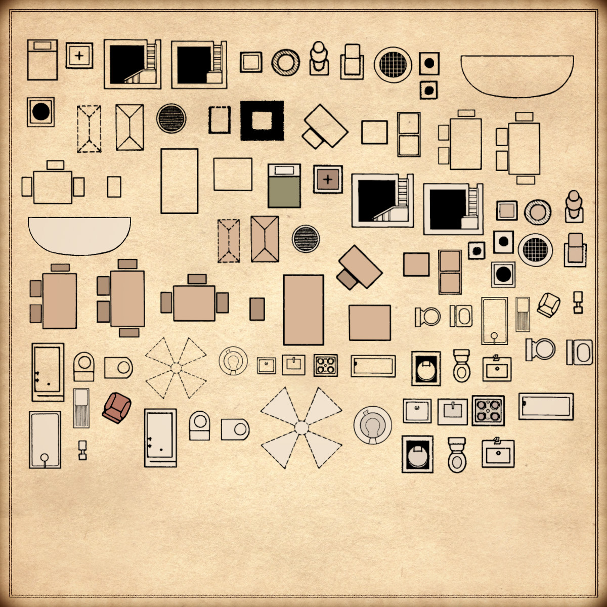 furniture, top-down assets, tables, chairs, fantasy map resources, cartography assets bathroom assets, interior map assets
