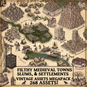 Wonderdraft assets, fantasy medieval castles, cartography assets, medieval cartography symbols, medieval towns, villages, hamlets, slums
