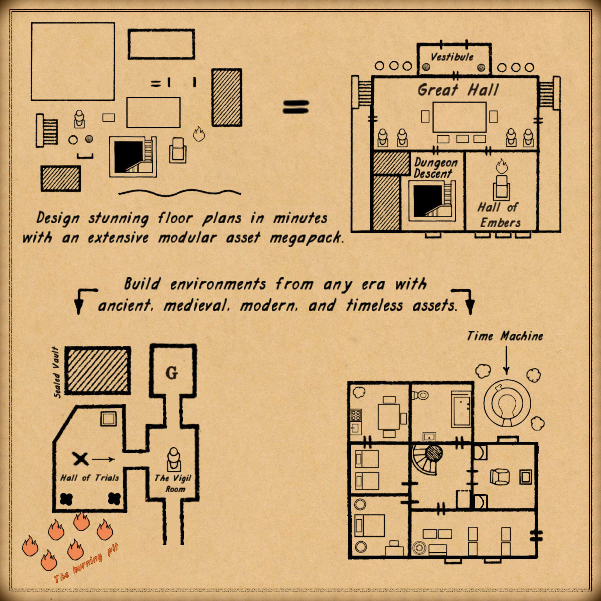 Dungeon creator kit, floor plan, fantasy map modular elements, Wonderdraft assets, rooms, walls, stairs