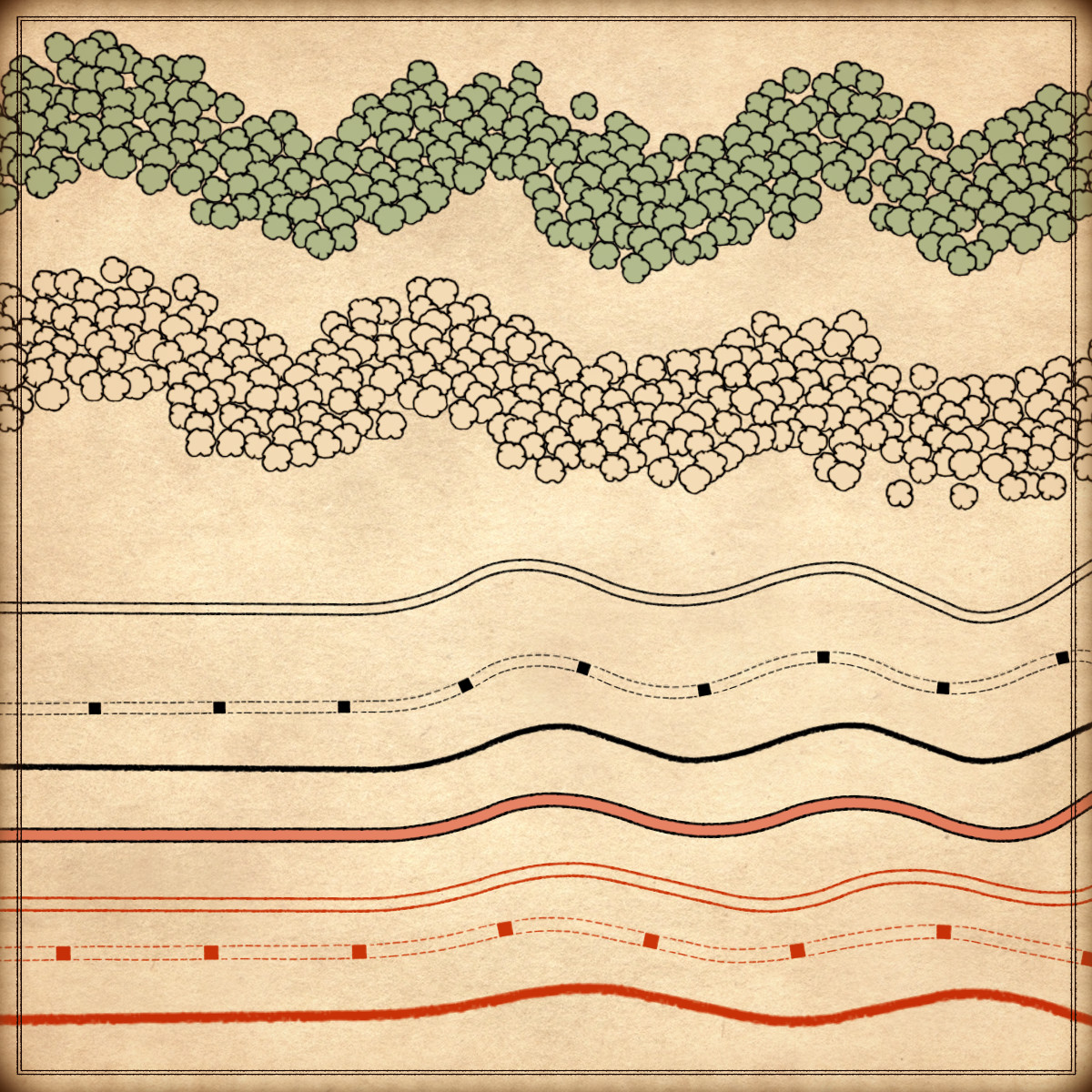 Wonderdraft paths, top-down trees, vintage cartography assets, fantasy map assets, fortified path