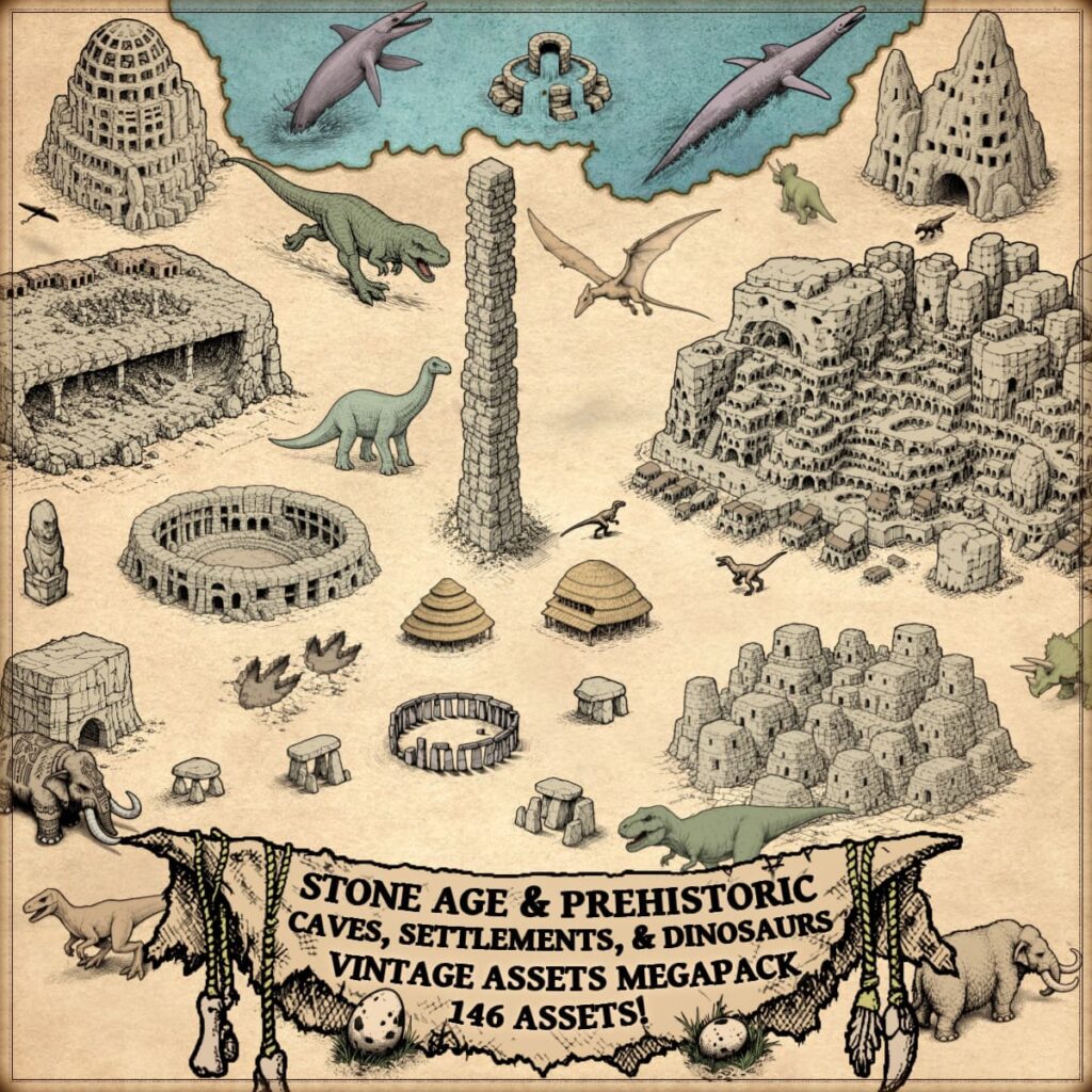 Prehistoric Map Stone Age & Prehistoric Fantasy Map Assets – Dinosaurs & Caves