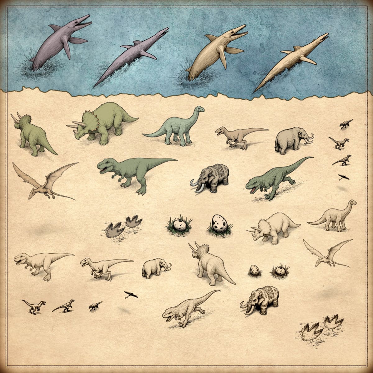 Dinosaurs, Wonderdraft assets, cartography assets, marine reptiles, dinosaur eggs, dinosaur footprints, fantasy map icons