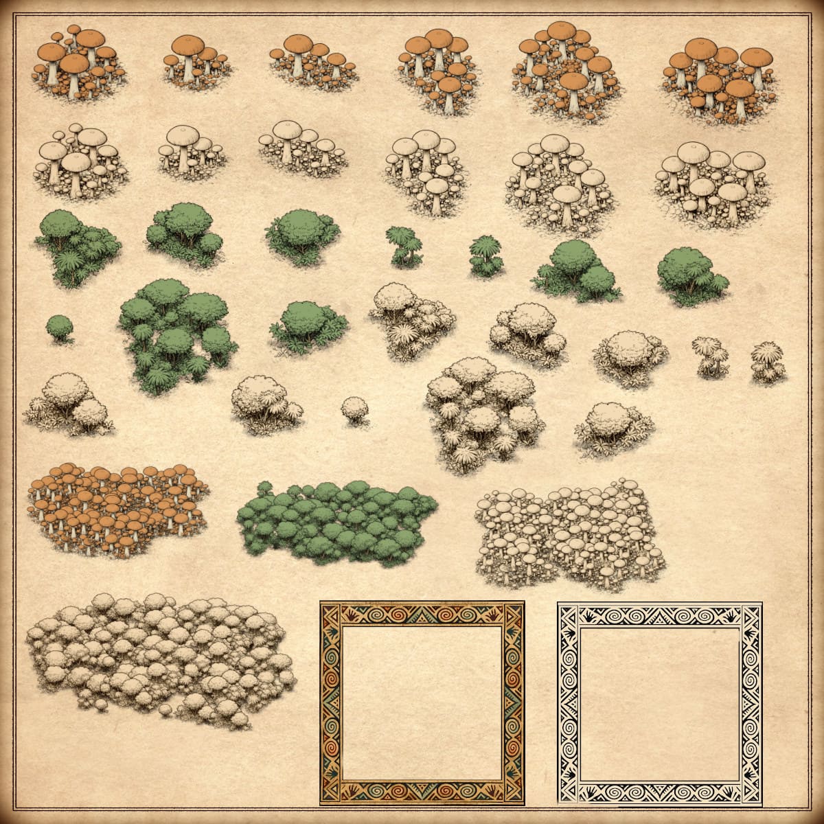 Wonderdraft, cartography assets, Wonderdraft frames, tree assets, tree clumps, mushroom tree clumps, prehistoric jungle, Stone Age