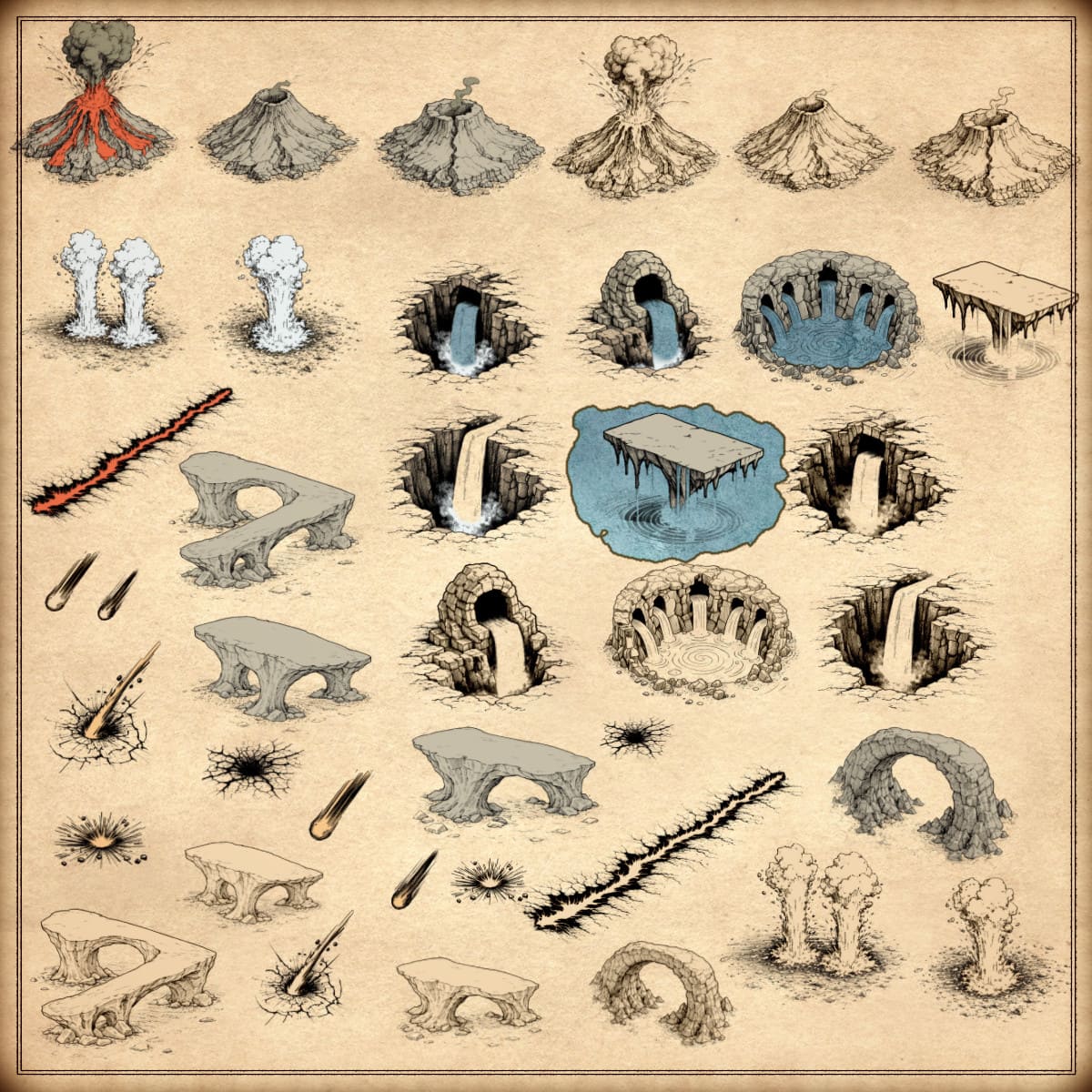 Waterfalls, sinkholes, Wonderdraft assets, fantasy map icons, vintage cartography assets, volcano assets, geysers, lava fissure