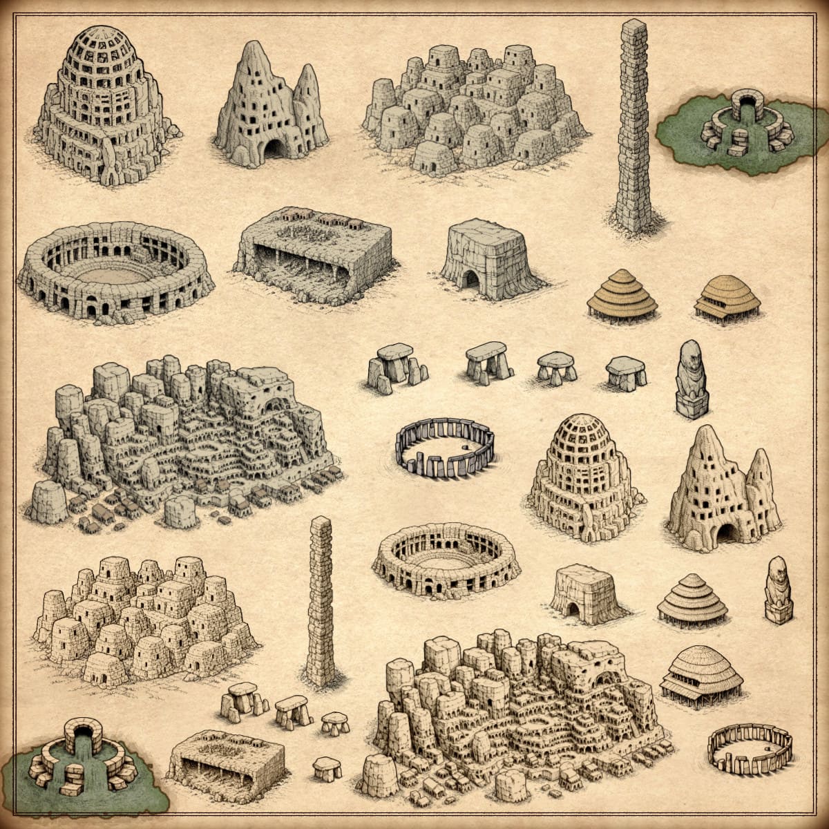 Prehistoric settlements, Stone Age city, stone primitive arenas, Stonehenge map asset, Wonderdraft assets, vintage cartography assets
