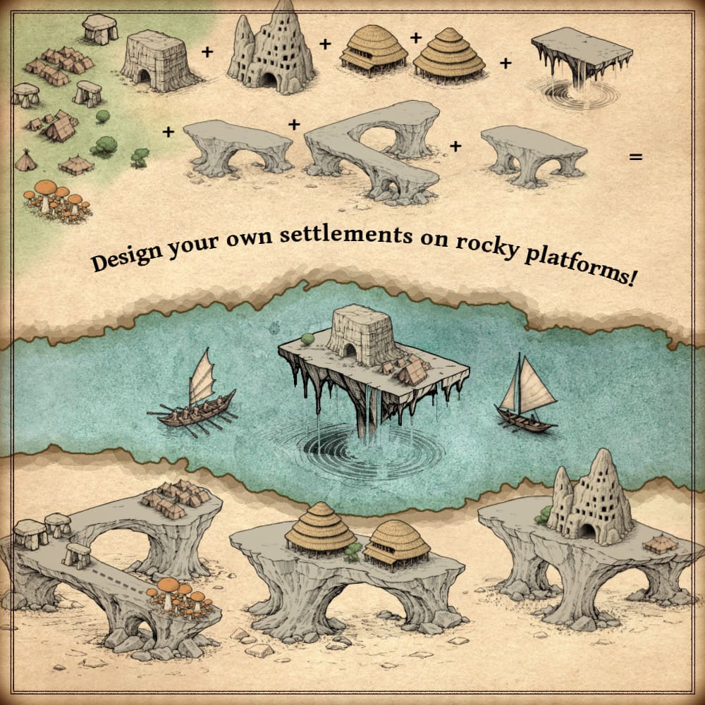 Stone Age cartography assets, Wonderdraft assets, prehistoric stone platforms, tribal ships, huts, waterfalls