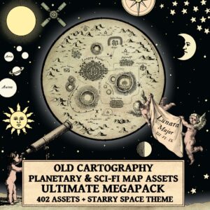 Wonderdraft planet assets, sci-fi planetary symbols, old cartography retro-futuristic structures, celestial map assets, isometric